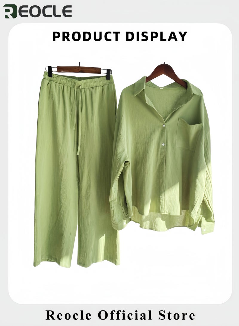 ريوكل طقم نسائي من قطعتين مصنوع من القطن والكتان ملابس رجعية مريحة وقابلة للتنفس قميص بأزرار وأكمام طويلة مع سروال واسع الأرجل بخصر مرتفع - Image 5