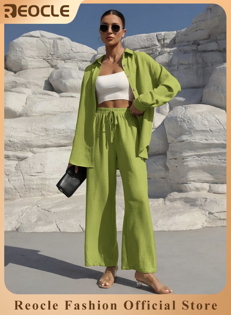 ريوكل طقم نسائي من قطعتين مصنوع من القطن والكتان ملابس رجعية مريحة وقابلة للتنفس قميص بأزرار وأكمام طويلة مع سروال واسع الأرجل بخصر مرتفع - Image 1