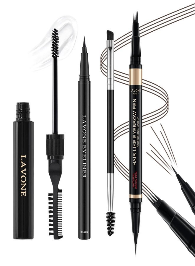 LAVONE Microblading Eyebrow Pen Kit - Waterproof Brow Makeup Set with Eyebrow Pencil, Eyebrow Gel Clear, Eyeliner, Dual-ended Eyebrow Brush, Natural Looking Brows with Long-Lasting All-Day Hold - Brunette - Image 1