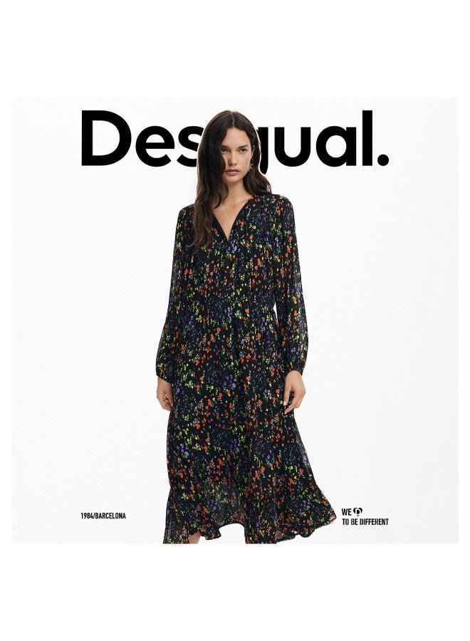 DESIGUAL فستان ماكسي مزخرف بطبعة زهور بياقة على شكل V وحزام مربوط وأكمام مصنوعة على شكل فانوس - Image 3