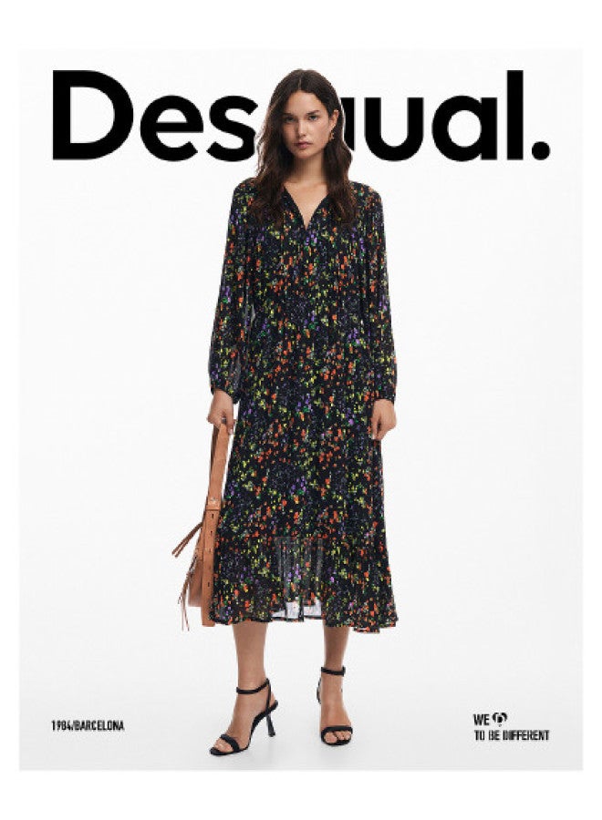 DESIGUAL فستان ماكسي مزخرف بطبعة زهور بياقة على شكل V وحزام مربوط وأكمام مصنوعة على شكل فانوس - Image 1