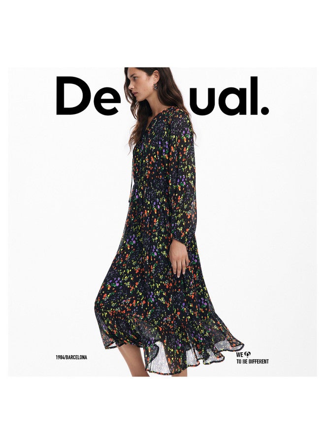 DESIGUAL فستان ماكسي مزخرف بطبعة زهور بياقة على شكل V وحزام مربوط وأكمام مصنوعة على شكل فانوس - Image 4