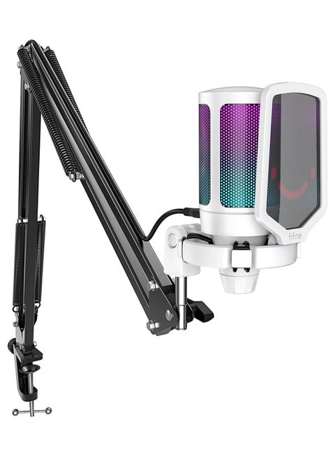 FIFINE Streaming Gaming USB Microphone Kit, PC Condenser RGB Mic Compatible with PS4/PS5, Plug and Play for Music Recording, Online Game, Discord, Twitch, with Pop Filter, Shock Mount-A6T White