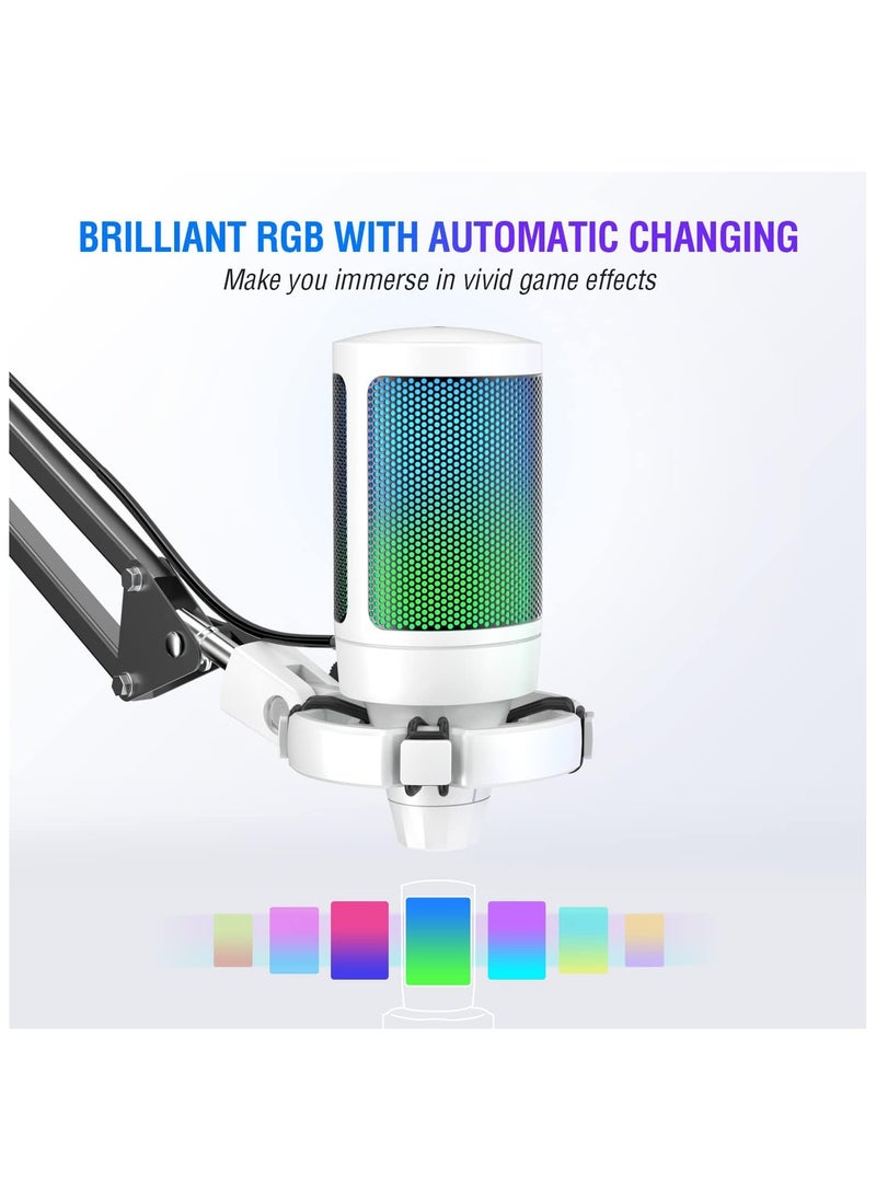 FIFINE FIFINE Streaming Gaming USB Microphone Kit, PC Condenser RGB Mic Compatible with PS4/PS5, Plug and Play for Music Recording, Online Game, Discord, Twitch, with Pop Filter, Shock Mount-A6T White  - Image 3