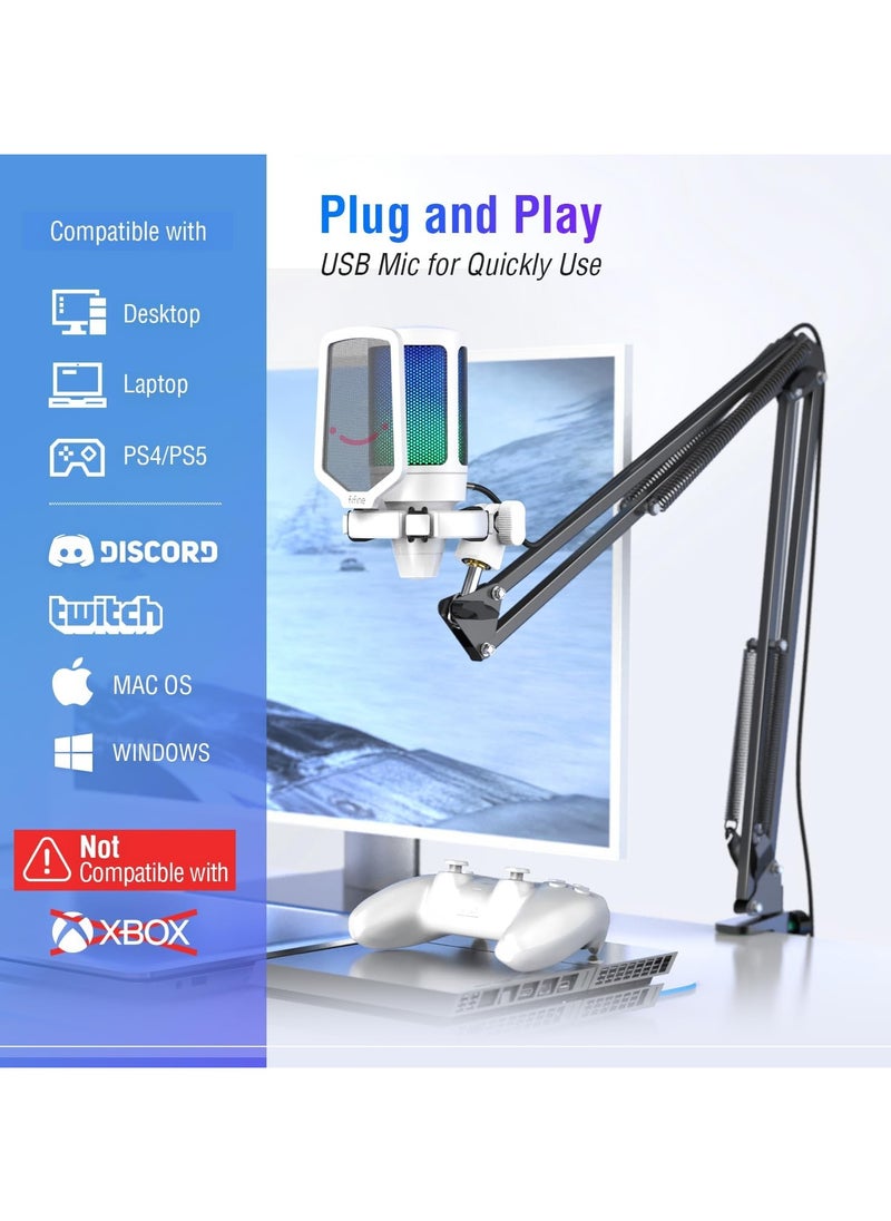 FIFINE FIFINE Streaming Gaming USB Microphone Kit, PC Condenser RGB Mic Compatible with PS4/PS5, Plug and Play for Music Recording, Online Game, Discord, Twitch, with Pop Filter, Shock Mount-A6T White  - Image 5
