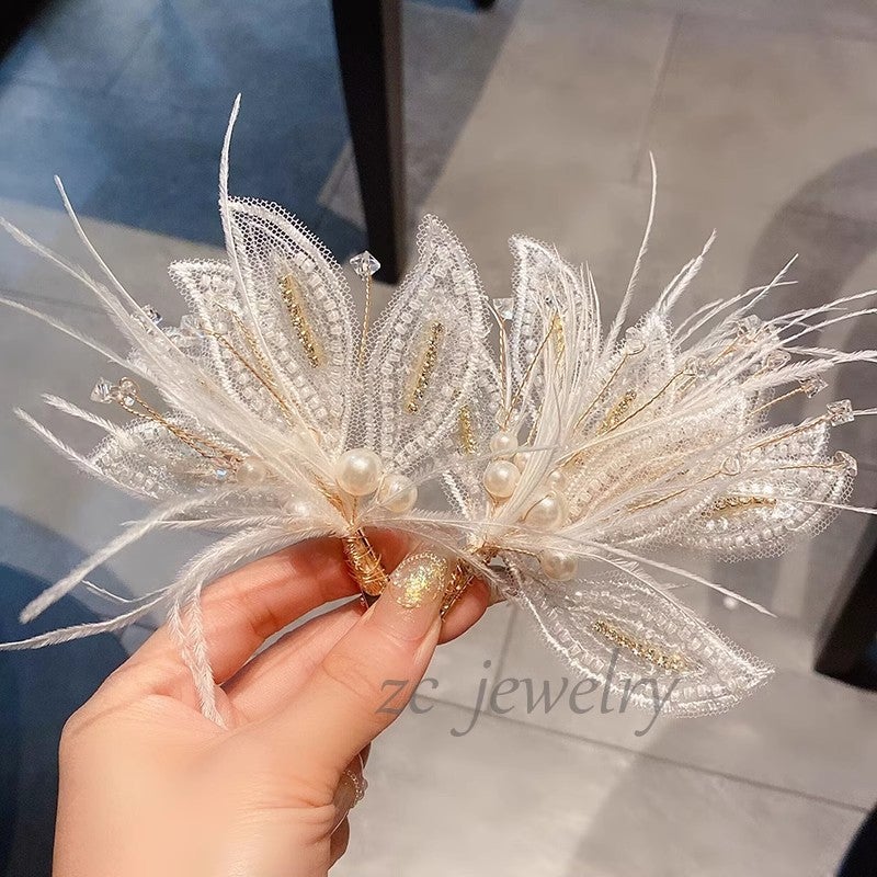 مشبك شعر أطفال جديد من خرز الأرز بشبكة الماس مع ريشة لؤلؤة مشبك دك بيل مجموعة ملحقات مشبك شعر جانبي عرائسي - Image 2
