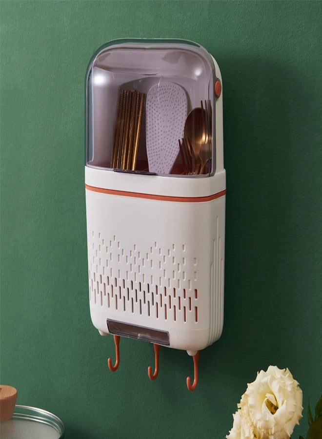 Nikou Cutlery Organizer Hanging Rack, Chopstick Holder Compartmental Drainer with Cover for Kitchen(White) - Image 3