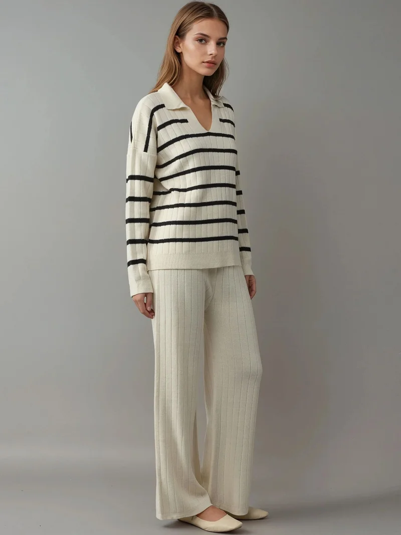 MY FASHION MY FASHION Striped Knit Co-ord Set with Polo Collar