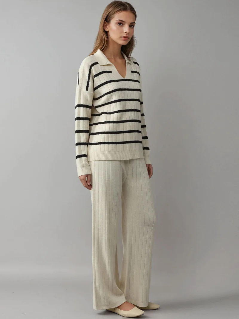MY FASHION Cream Natural MY FASHION Striped Knit Co-ord Set with Polo Collar for Women | Best Price UAE