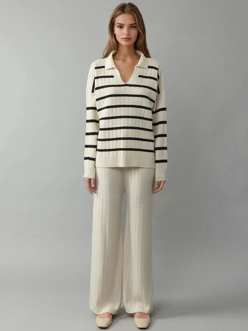 MY FASHION Cream Natural MY FASHION Striped Knit Co-ord Set with Polo Collar for Women | Best Price UAE