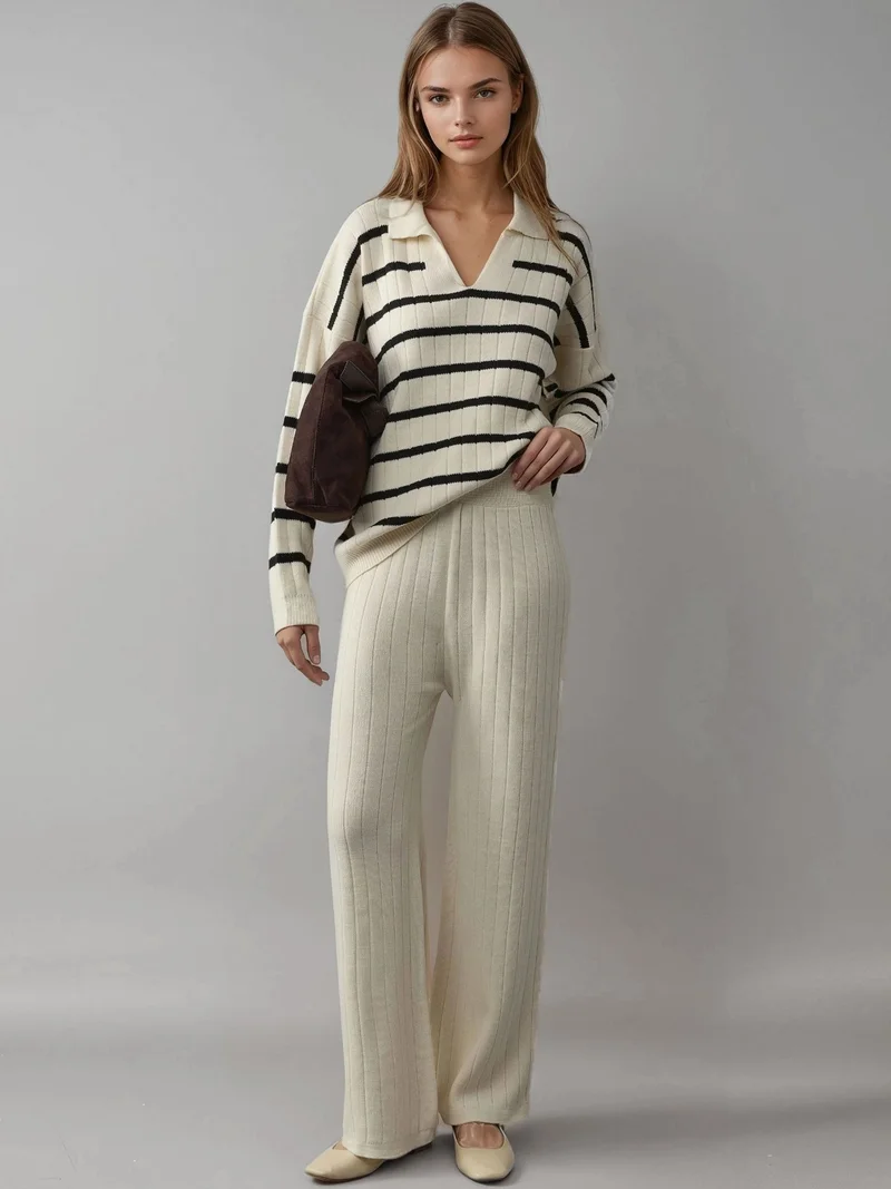 MY FASHION Striped Knit Co-ord Set with Polo Collar