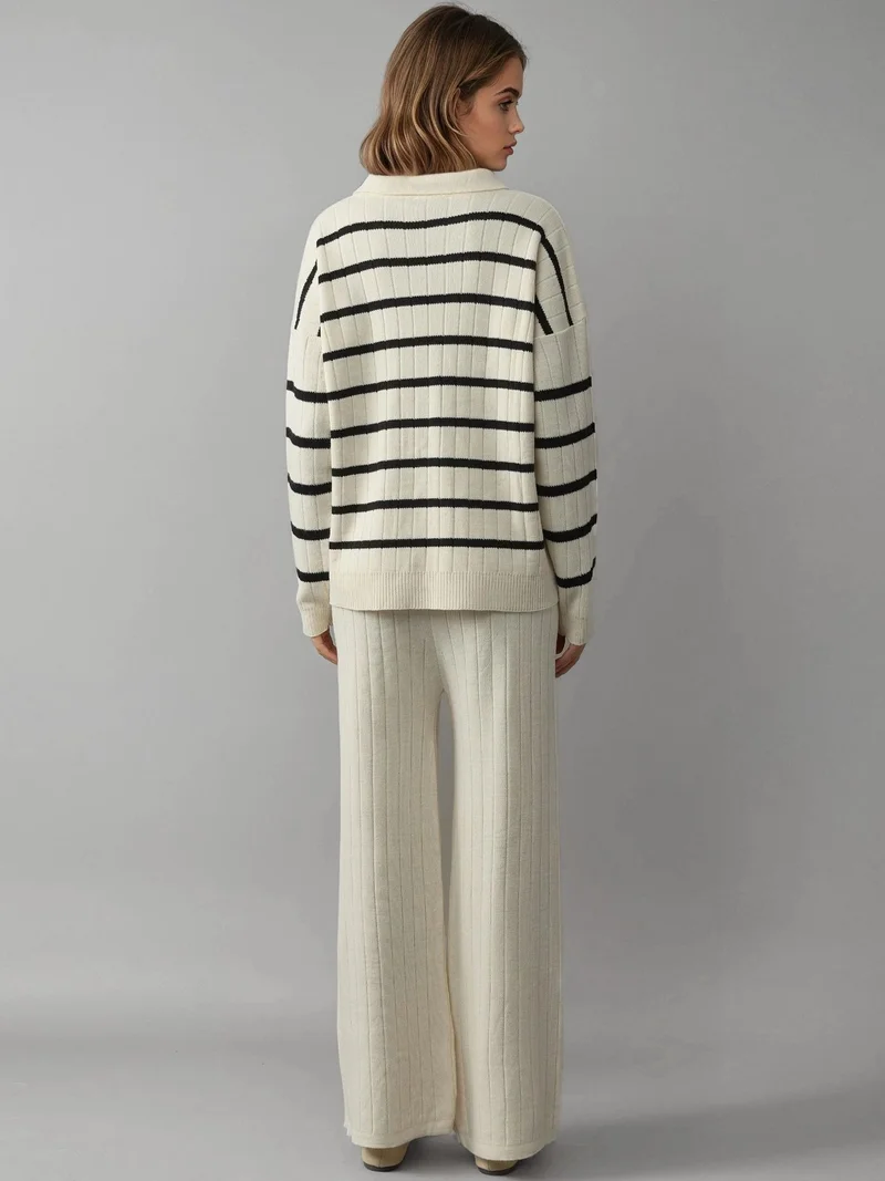 MY FASHION Cream Natural MY FASHION Striped Knit Co-ord Set with Polo Collar for Women | Best Price UAE