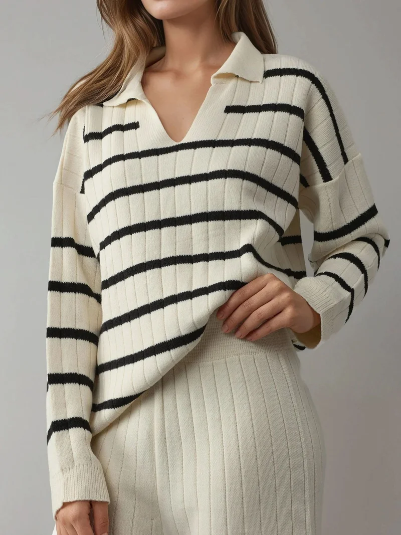 MY FASHION Cream Natural MY FASHION Striped Knit Co-ord Set with Polo Collar for Women | Best Price UAE