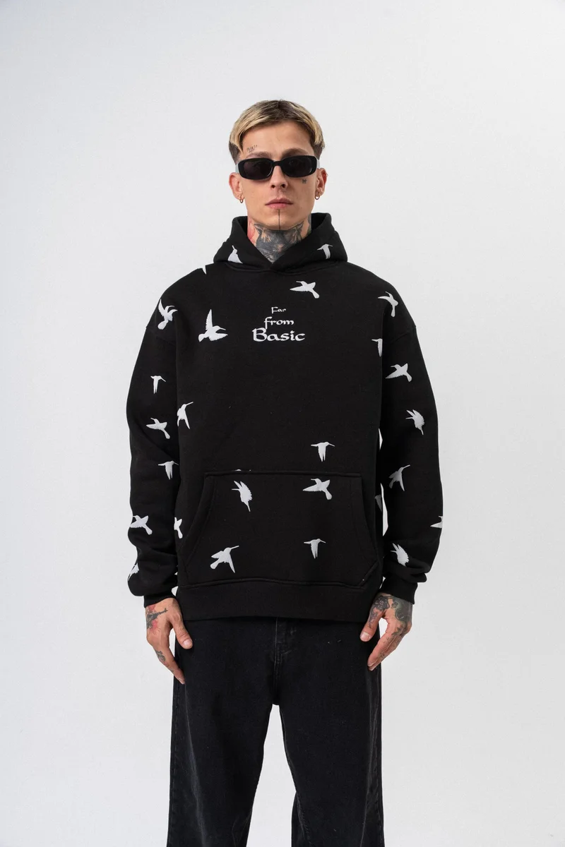 RESPIRE Men's Far From Basic Printed Hooded Oversize Hoodie Black