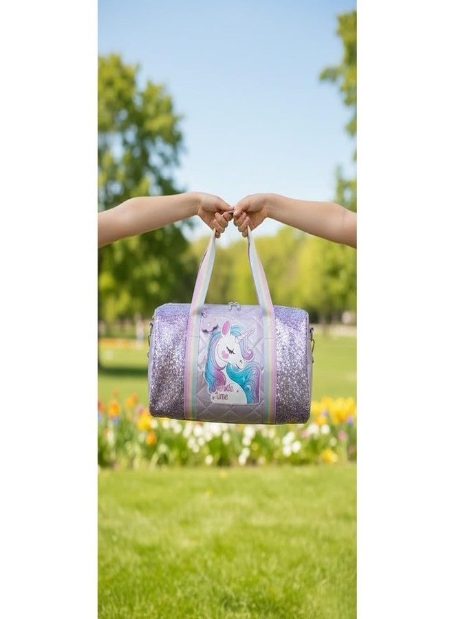 Happy Hues Unicorn Duffel Bag for Girls - Rainbow Glitter Kids Travel Bag with Shoe Compartment - Dance & Gymnastics Bag, Waterproof Overnight Weekender Bag for Toddlers & Teens (Purple Sparkle) - Image 2