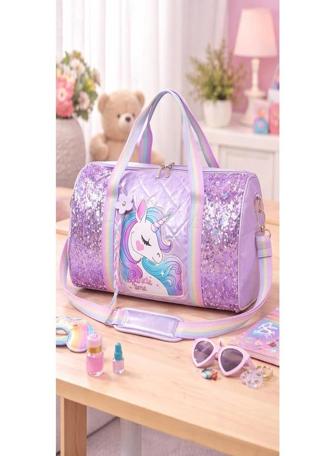 Happy Hues Unicorn Duffel Bag for Girls - Rainbow Glitter Kids Travel Bag with Shoe Compartment - Dance & Gymnastics Bag, Waterproof Overnight Weekender Bag for Toddlers & Teens (Purple Sparkle) - Image 4