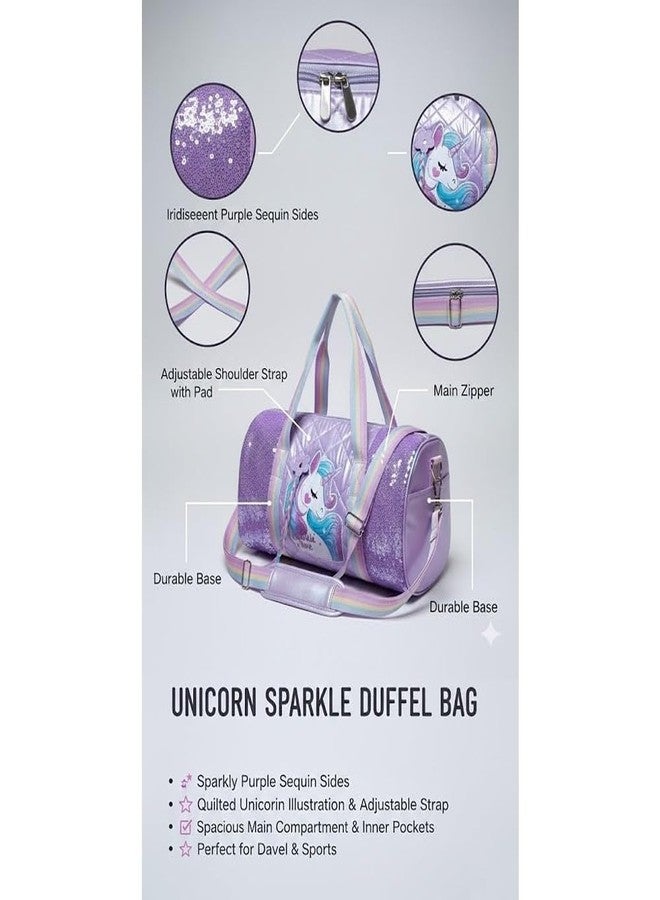 Happy Hues Unicorn Duffel Bag for Girls - Rainbow Glitter Kids Travel Bag with Shoe Compartment - Dance & Gymnastics Bag, Waterproof Overnight Weekender Bag for Toddlers & Teens (Purple Sparkle) - Image 3