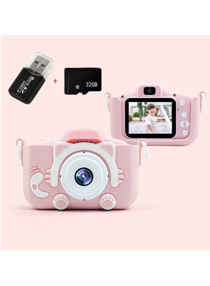 AROAQ لعبة كاميرا للأطفال، كاميرا فيديو عالية الدقة 1080 بكسل مقاومة للصدمات للأطفال، لعبة كاميرا محمولة مضادة للسقوط، كاميرا رقمية متعددة الوظائف، (طقم قطة قديمة وردية عدسة مزدوجة + بطاقة سعة كاملة 32 جيجابايت + قارئ بطاقات) - Image 1