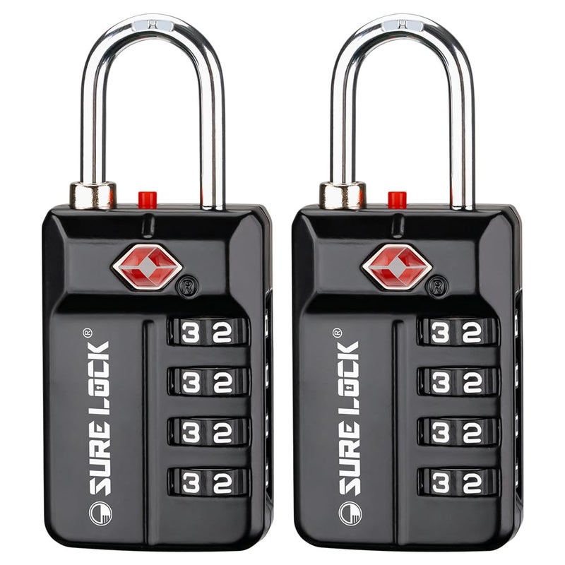 SURE LOCK TSA Approved 4-Digit Resettable Combination Luggage Locks with Open Alert, Easy-Read Dials - for Luggage, School Lockers, Gym, Office, Toolbox & Security Cases (Black 2 Pack) - Image 1