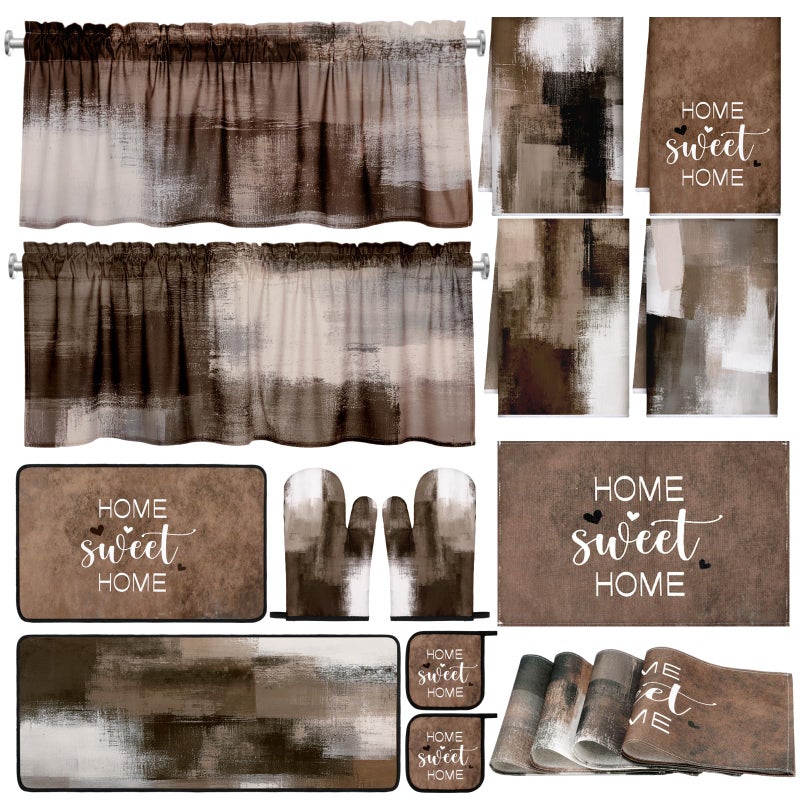 Fourluoo 16 Pcs Abstract Art Kitchen Decor Set 4 Brown Kitchen Towels 2 Non Slip Rugs and Mats for Floor 2 Modern Oven Mitts Gloves 2 Pot Holders 4 Placemats 2 Art Abstract Curtains for Home Decoration Gift - Image 1