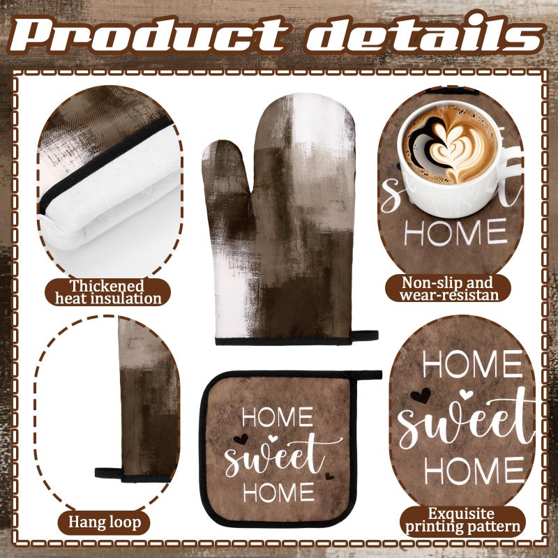 Fourluoo 16 Pcs Abstract Art Kitchen Decor Set 4 Brown Kitchen Towels 2 Non Slip Rugs and Mats for Floor 2 Modern Oven Mitts Gloves 2 Pot Holders 4 Placemats 2 Art Abstract Curtains for Home Decoration Gift - Image 5