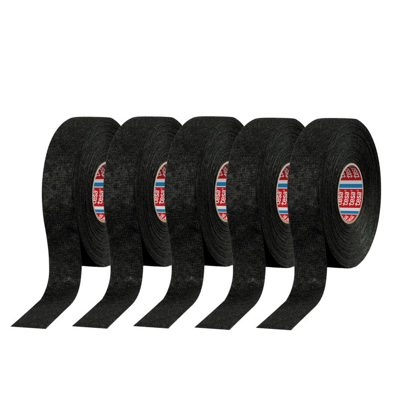 tesa 51608 Noise Damping PET Fleece Automotive Wire Harness Tape, Black, 19mm x 15m, 5 Rolls - Image 1