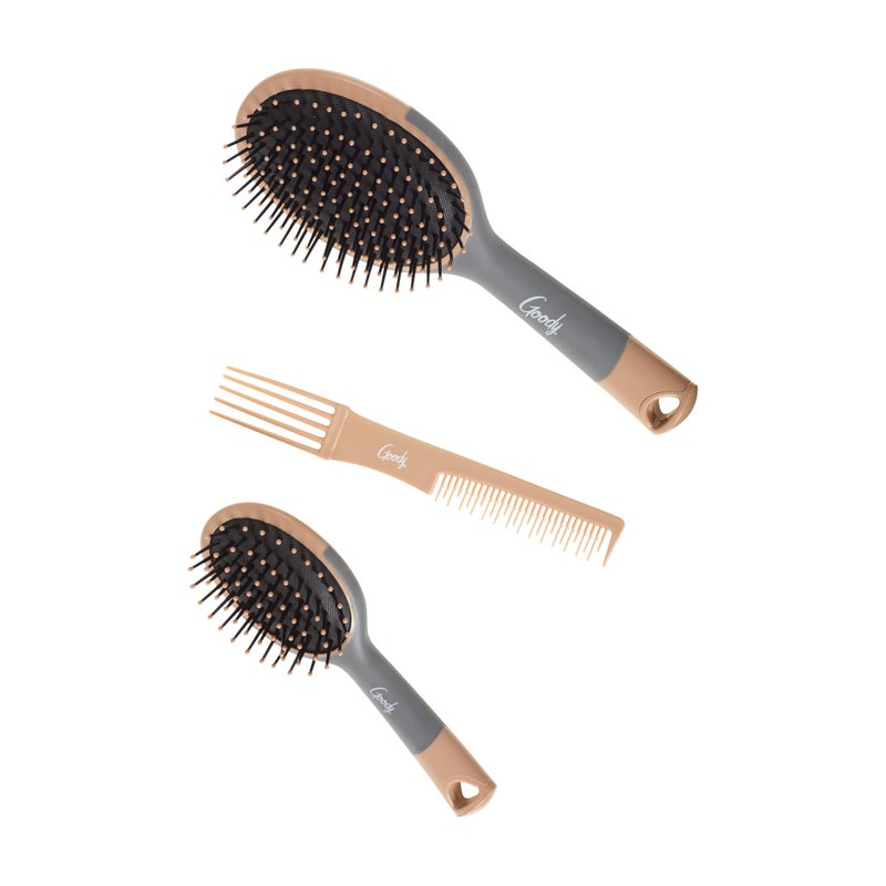 Goody Detangle It Hair Brushes Set - Large Oval Paddle Brush + Detangling Comb + Mini Brush, Suitable for Detangling & Styling, Pick Comb for Tangles On-the-Go, For Wet or Dry Hair, Brown/Grey - Image 3