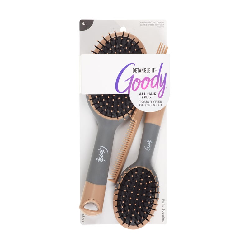 Goody Detangle It Hair Brushes Set - Large Oval Paddle Brush + Detangling Comb + Mini Brush, Suitable for Detangling & Styling, Pick Comb for Tangles On-the-Go, For Wet or Dry Hair, Brown/Grey - Image 1