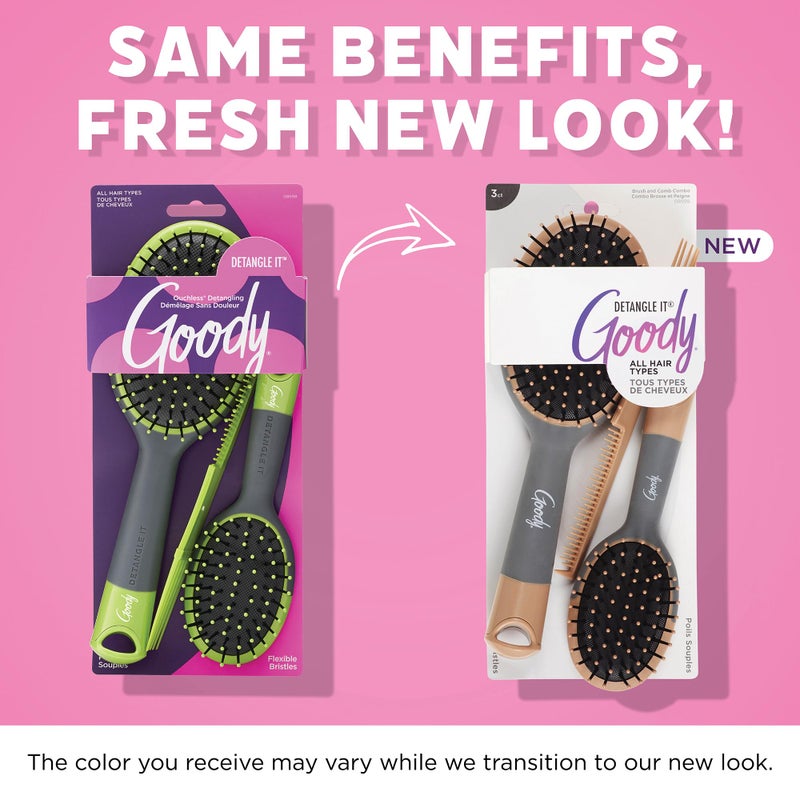 Goody Detangle It Hair Brushes Set - Large Oval Paddle Brush + Detangling Comb + Mini Brush, Suitable for Detangling & Styling, Pick Comb for Tangles On-the-Go, For Wet or Dry Hair, Brown/Grey - Image 2