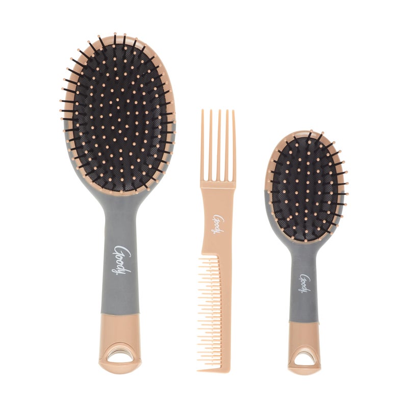 Goody Detangle It Hair Brushes Set - Large Oval Paddle Brush + Detangling Comb + Mini Brush, Suitable for Detangling & Styling, Pick Comb for Tangles On-the-Go, For Wet or Dry Hair, Brown/Grey - Image 4