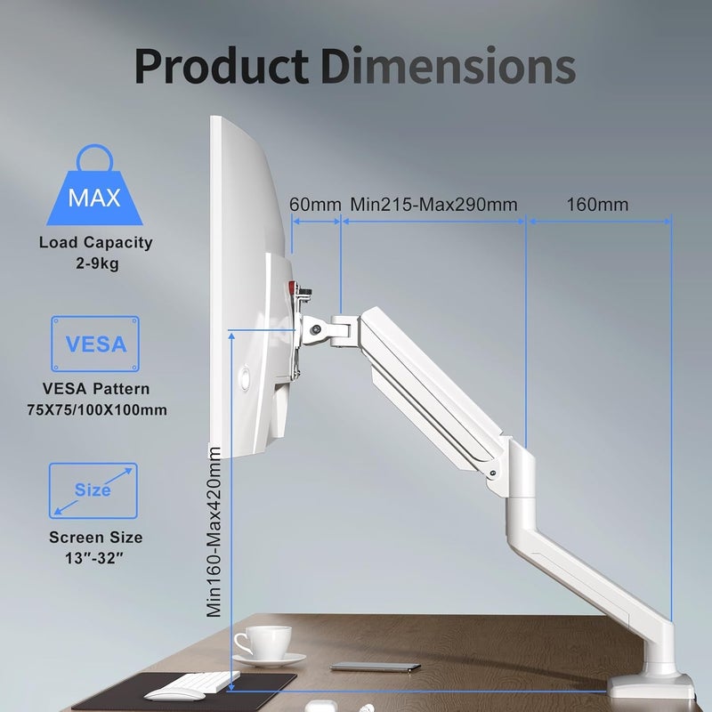 سوبتيكس حامل شاشة سوبتيك لشاشات LED LCD مقاس 13-32 بوصة حتى 9 كجم، ذراع شاشة بنابض غازي، قابل للدوران 360° وقابل لضبط الارتفاع والميلان، حامل شاشة متوافق مع VESA 75x75/100x100 مم، أبيض - Image 2