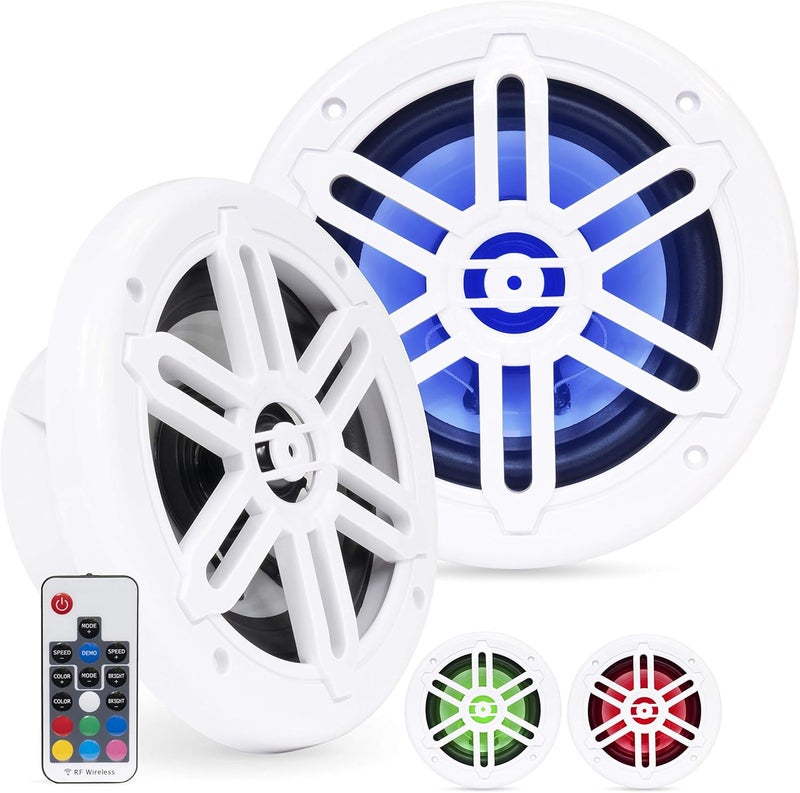 BELVA BMRGBWH 500W Peak (250W RMS) 6.5" 2-Way White Coaxial Marine Speakers with Multi-Color LED Lighting for Boats/ATV/UTV/SxS/Powersport - Image 1