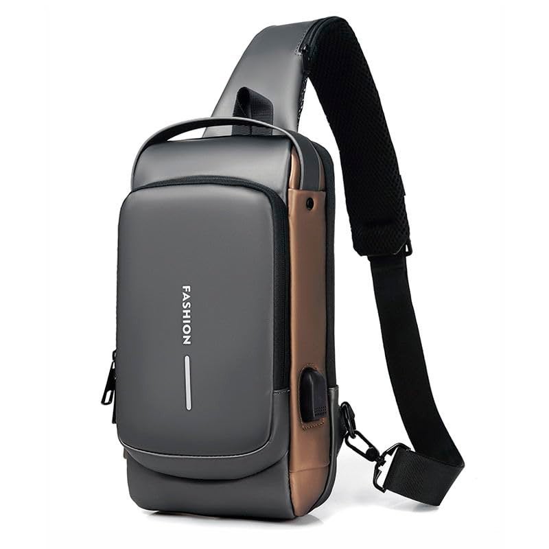 Yatee Men’s Sling Bag with USB Charging Port, Anti-Theft Crossbody Chest Bag, Waterproof Shoulder Backpack for Travel, Office, College & Daily Use (Brown Grey) - Image 1
