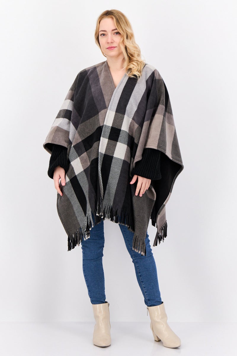 London Fog Women Plaid Open Front Poncho, Grey  - Image 4