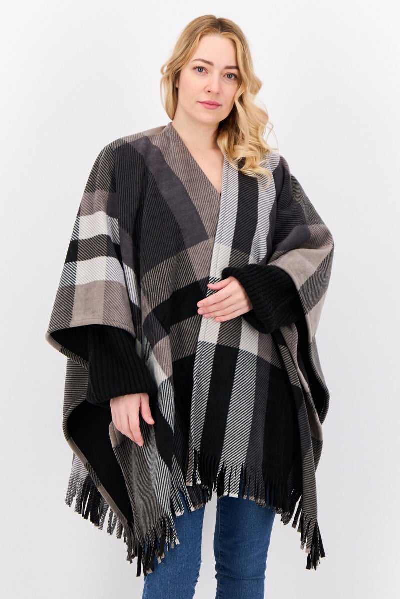 London Fog Women Plaid Open Front Poncho, Grey  - Image 1