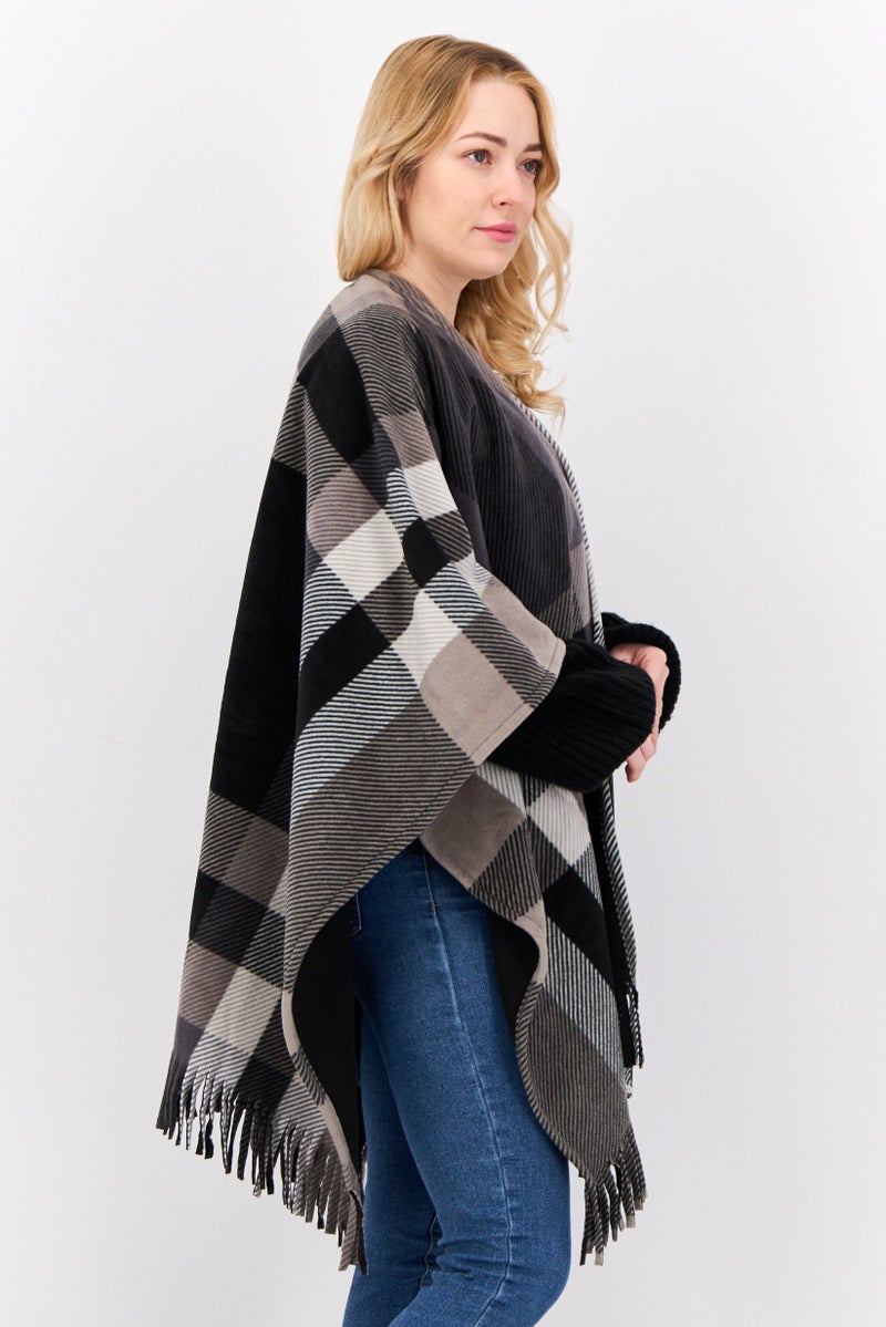 London Fog Women Plaid Open Front Poncho, Grey  - Image 2