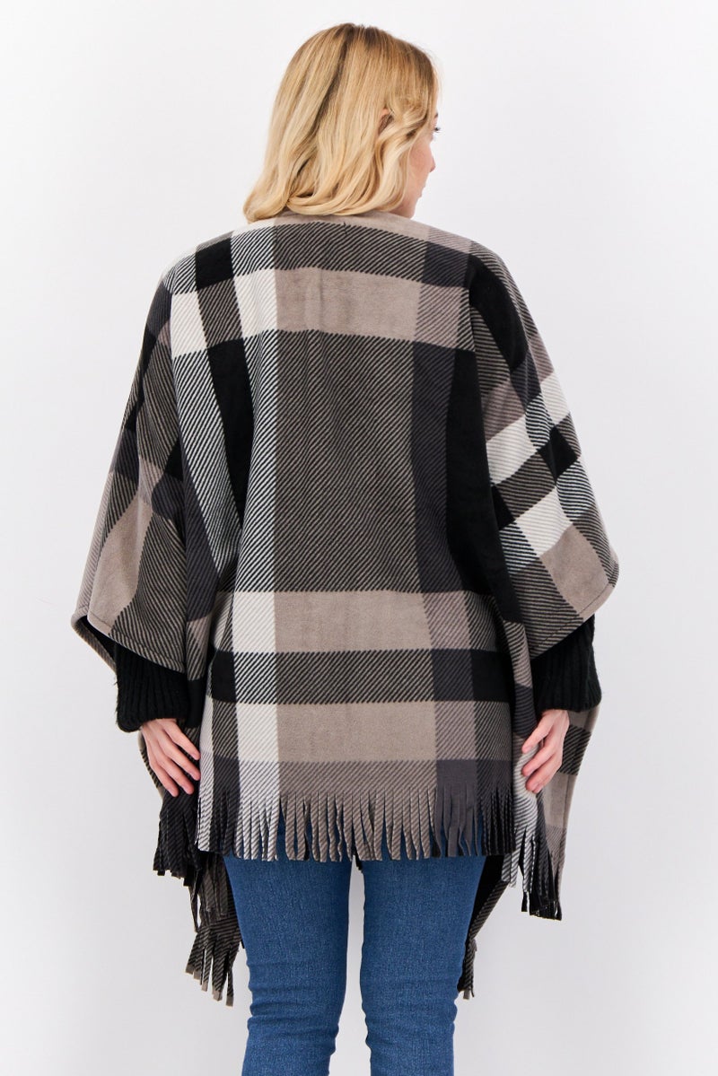 London Fog Women Plaid Open Front Poncho, Grey  - Image 3