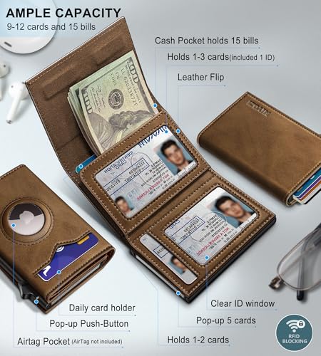 miyozi Airtag Wallet for Menwith Cash Pocket 2 ID Window 912 CardsMetal Case Smart Slim Pop Up Credit Card Holder Flip with Magnetic Closure RFID Blocking Trifold wallet with Gift Box - Image 3