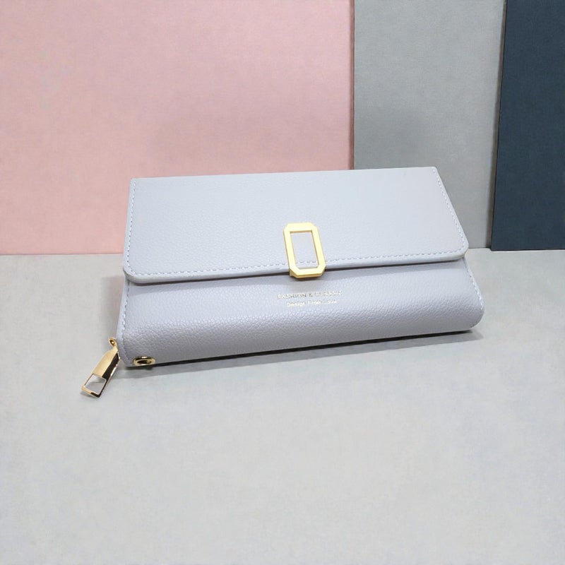 Women's Long Wallet, Slim Bifold Leather Clutch with 11 Card Slots, ID Window & Zipper Pocket, Multi-Functional Phone Organizer with Button Closure (Grey) - Image 3