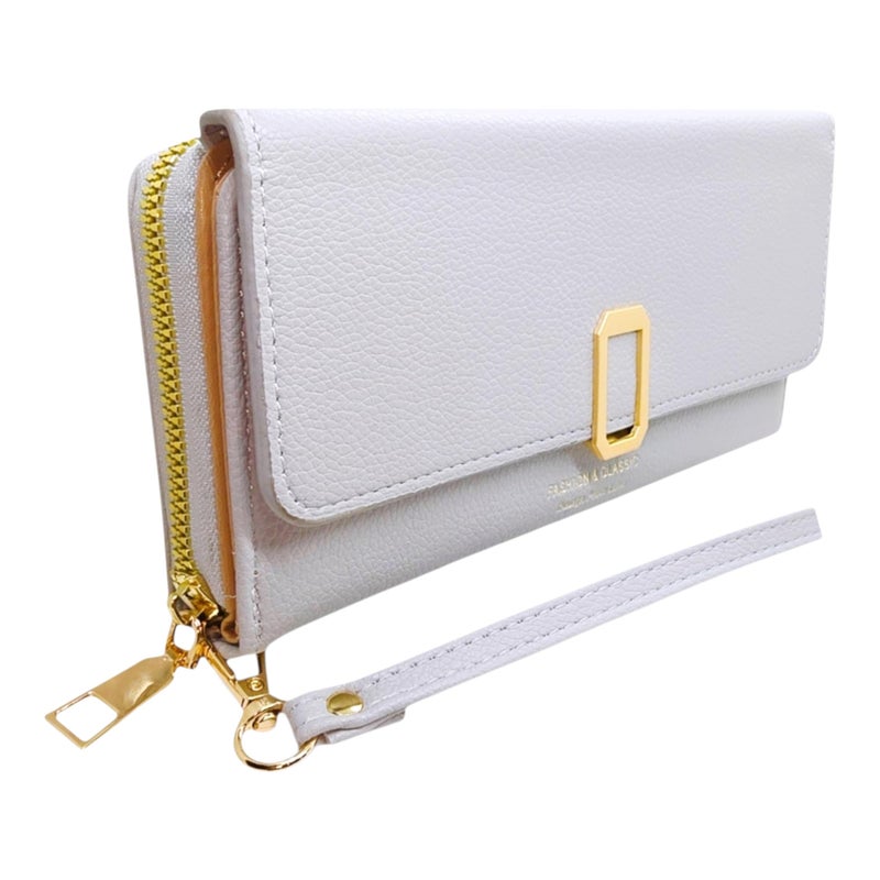 Women's Long Wallet, Slim Bifold Leather Clutch with 11 Card Slots, ID Window & Zipper Pocket, Multi-Functional Phone Organizer with Button Closure (Grey) - Image 1