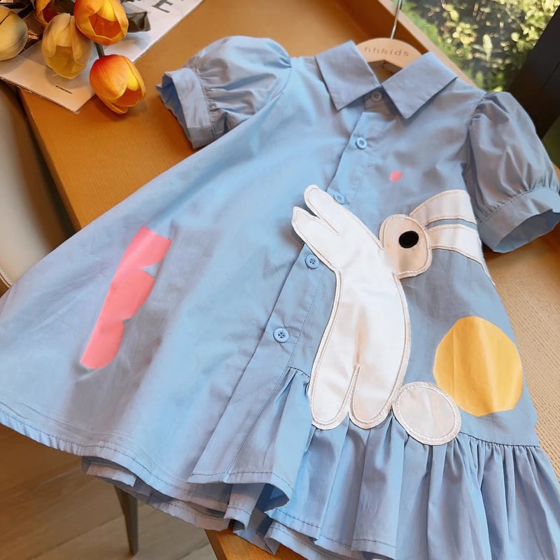 Summer New Korean Style dress Girls Stylister Puff Sleeve Cotton Shirt Dress Baby Cartoon Rabbit Princess Dress Blue petticoat 