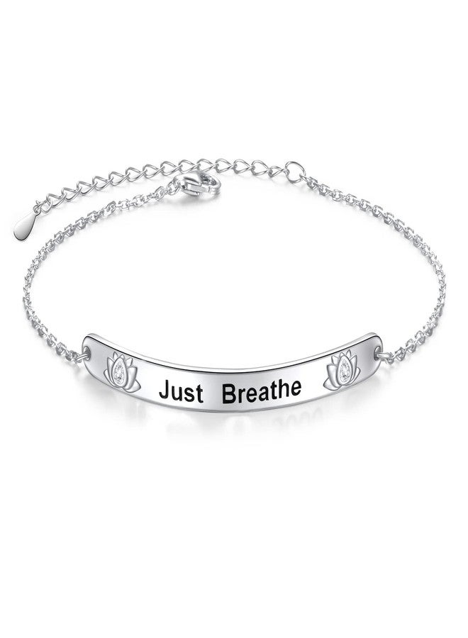 Flyow 925 Sterling Silver Just Breathe Bracelet for Women for Anxiety Stress Relieving Lotus Flower Charm Bracelets for Lady Yoga Fans Inspirational Cuff Bangle Bracelets - Image 1
