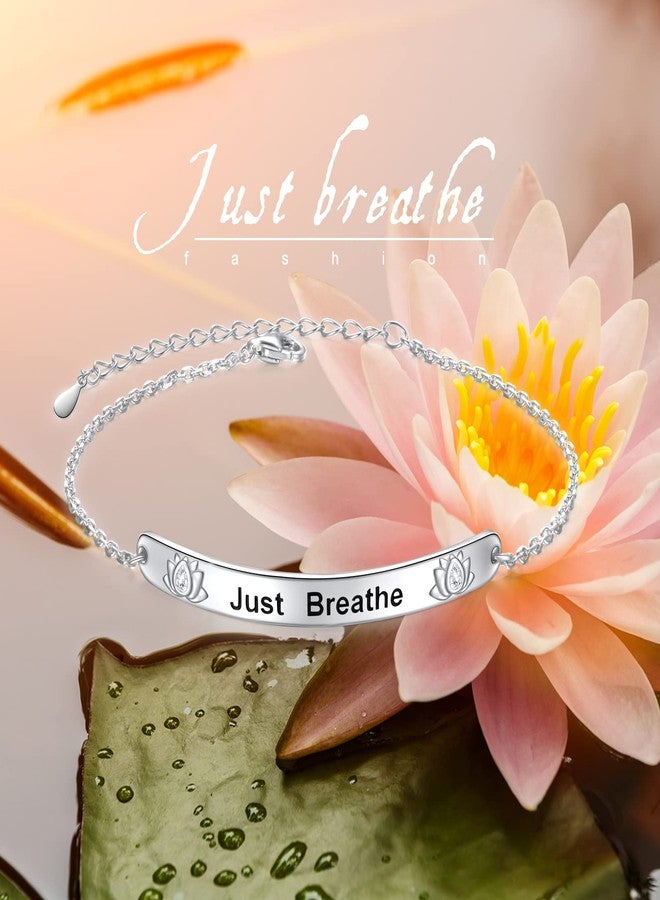 Flyow 925 Sterling Silver Just Breathe Bracelet for Women for Anxiety Stress Relieving Lotus Flower Charm Bracelets for Lady Yoga Fans Inspirational Cuff Bangle Bracelets - Image 2