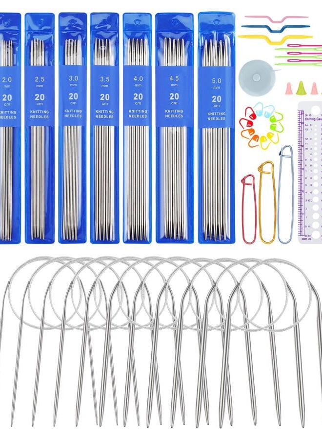 Aeelike 2 Set Double Pointed Knitting Needles Set, Circular Knitting Needles Set, Short and Long Stainless Steel Knitting Needles with Large-Eye Needles Stitch Markers Safety Pin Knitting Supplies - Image 1