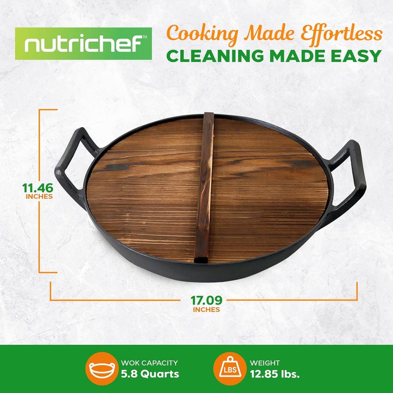 NutriChef مقلاة حديد زهر مع غطاء خشبي - مقلاة صينية مُتبلة مسبقًا للقلي، متوافقة مع عدة أنواع من المواقد بما في ذلك الحث، سعة كبيرة 5.8 لتر، قطر 12 بوصة - Image 3