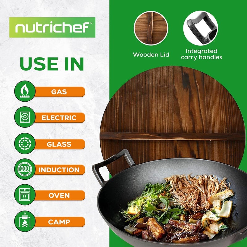 NutriChef مقلاة حديد زهر مع غطاء خشبي - مقلاة صينية مُتبلة مسبقًا للقلي، متوافقة مع عدة أنواع من المواقد بما في ذلك الحث، سعة كبيرة 5.8 لتر، قطر 12 بوصة - Image 2