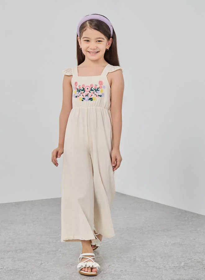 تايك تو Take Two Floral Embroidery Ruffle Hem Wide Leg Jumpsuit