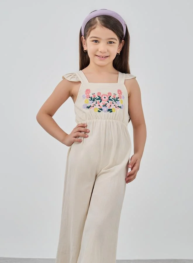 تايك تو Take Two Floral Embroidery Ruffle Hem Wide Leg Jumpsuit