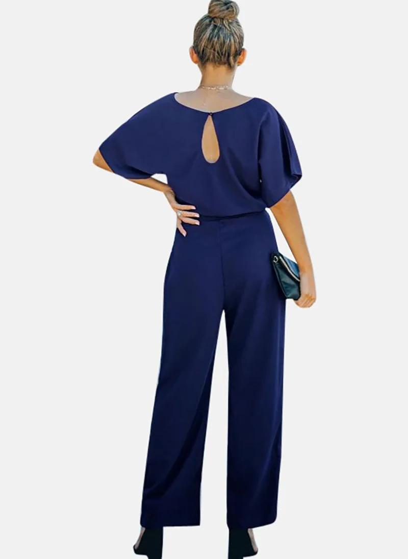 يونيكي Blue Solid Relaxed Fit Round Neck Jumpsuit