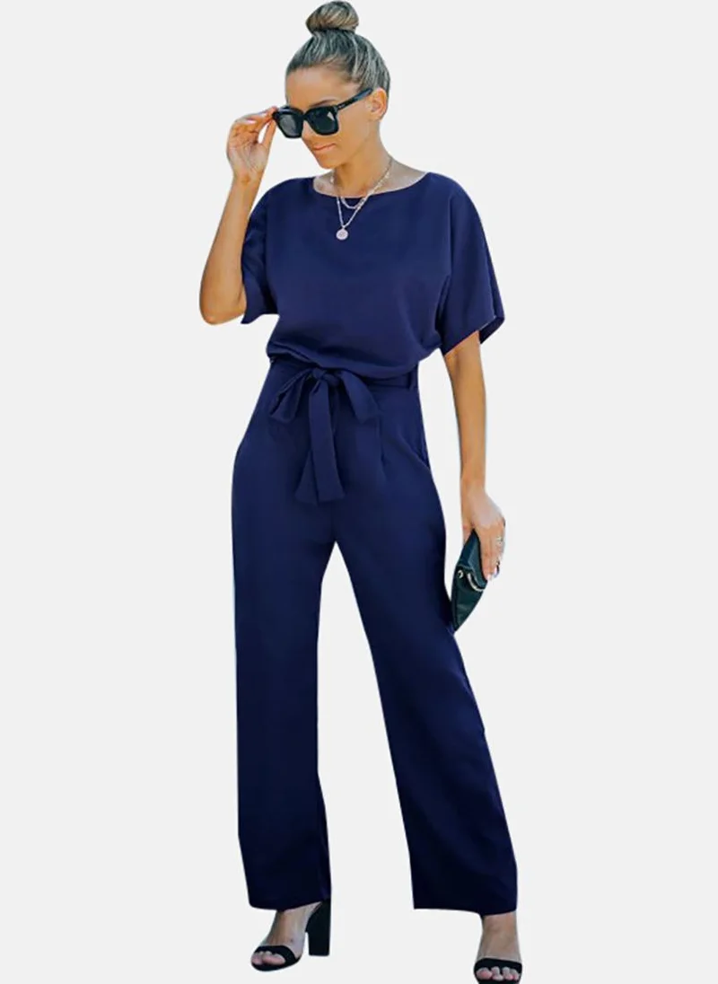 يونيكي Blue Solid Relaxed Fit Round Neck Jumpsuit